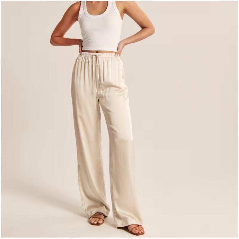 Abercrombie Pants Womens Small Long Cream Ivory Satin Wide Leg Silky Drawstring